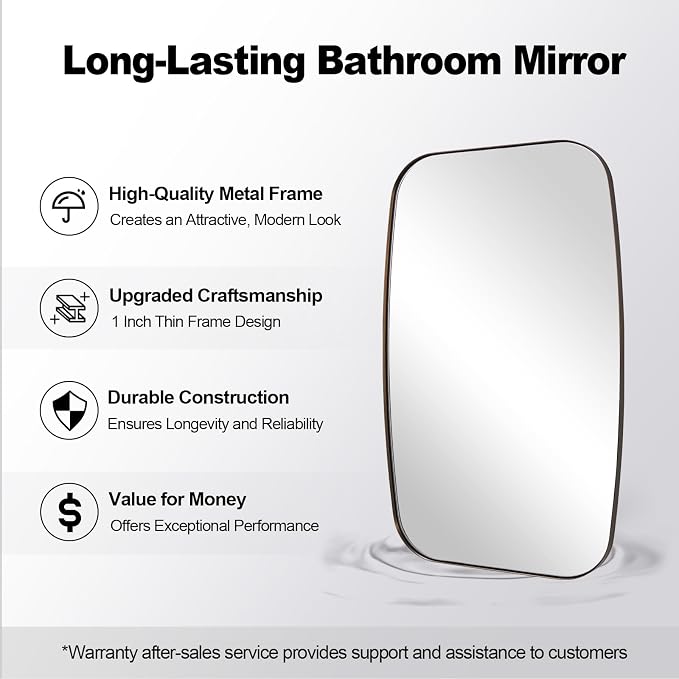Brushed Bronze Bathroom Mirror, 24x30 Oblong Mirror with Stainless Steel Metal Frame, Oval Vanity Mirror for Over Sink, Modern Anti Rust Wall Mounted