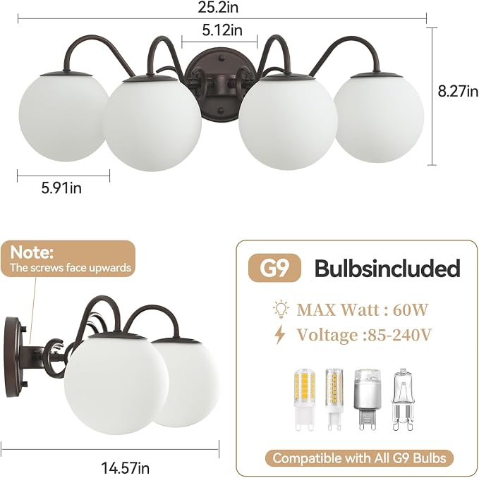 4 Lights Vintage Bathroom Vanity Light Fixtures Over Mirror, Oil Rubbed Bronze Vanity Lights For Bathroom With Milk Glass Globe Shade, Wall Lights For Bedroom, Hallway, Dressing Table(G9 Incl.)