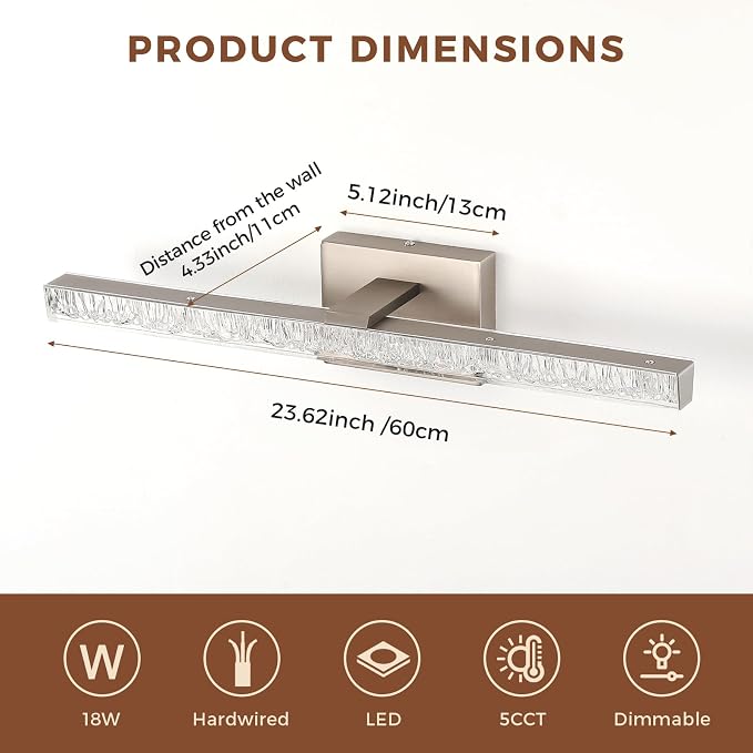 24 Inch LED Vanity Lights for Bathroom, 5CCT Selectable Brushed Nickel Bathroom Light Fixtures Over Mirror, Iceberg Crackle Acrylic Modern Wall Sconce, Dimmable Slim Bar for Mirror Cabinet