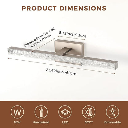 24 Inch LED Vanity Lights for Bathroom, 5CCT Selectable Brushed Nickel Bathroom Light Fixtures Over Mirror, Iceberg Crackle Acrylic Modern Wall Sconce, Dimmable Slim Bar for Mirror Cabinet