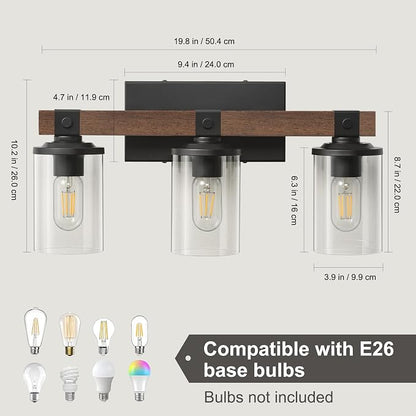 Bathroom Light Fixtures Over Mirror Black Farmhouse Vanity Lights 3 Light | Rustic Vintage Wood Bathroom Wall Light Fixtures with Clear Glass Shade for Restroom Bedroom Hallway