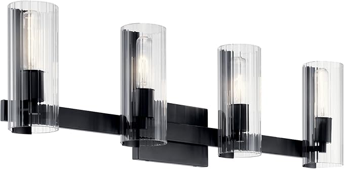 Kichler Jemsa 4 Light Vanity, Modern Light with Clear Fluted Glass in Black for Bathroom or Powder Room (9.75" x 32"), 55169BK