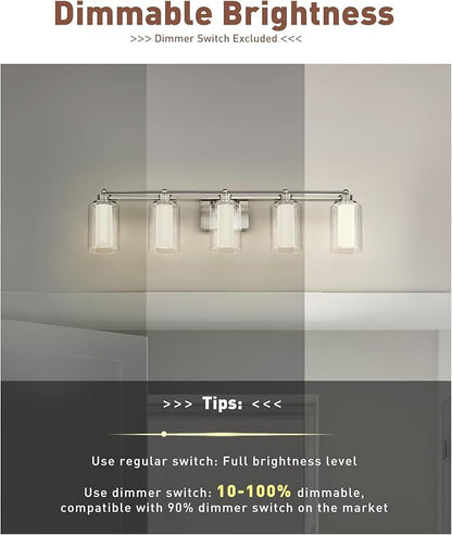 HWH 5-Light Bathroom Vanity Light, Brushed Nickel, 5CCT, 5HLT63B-5W-LED BN | Dimmable, Wall Mount, 30W, Vanity Lights, Vanity Light Over Mirror, Selectable 5CCT Lighting, Durable Metal Construction