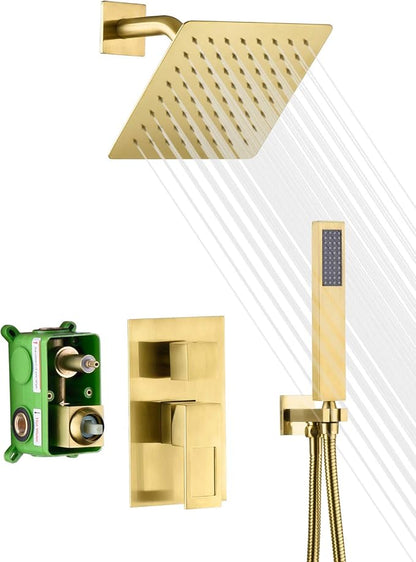 SUMERAIN Rain Shower System Brushed Gold with Rain Shower and Handheld | Dual Functions, Includes 8" High Pressure Shower Head, Brass Rough-In Valve, Hand Shower, Modern Style