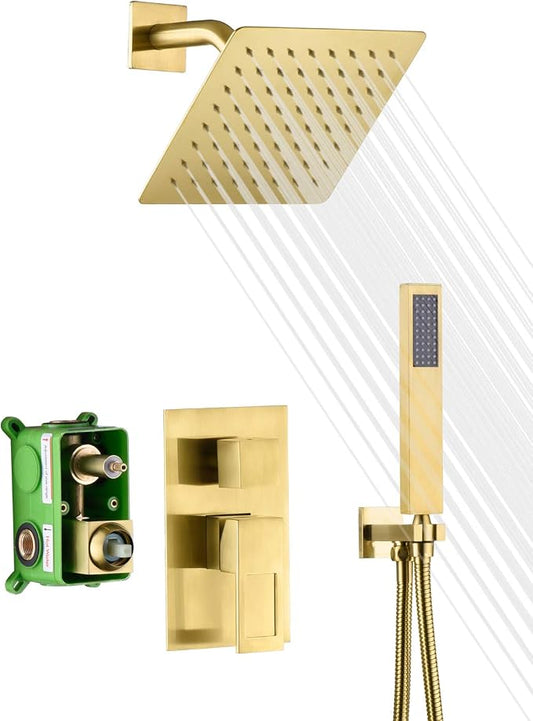 SUMERAIN Rain Shower System Brushed Gold with Rain Shower and Handheld | Dual Functions, Includes 8" High Pressure Shower Head, Brass Rough-In Valve, Hand Shower, Modern Style