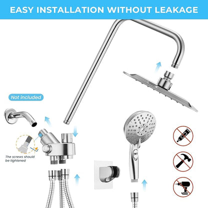 Dual Shower Head Combo, 8'' High Pressure Rain Shower Head with Handheld Spray, 6+1 Spray Settings Handheld Showerhead, Height Adjustable, One-touch Pause Button, Chrome Polished