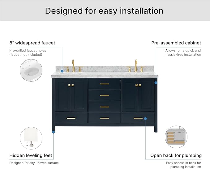 ARIEL Cambridge 66-inch Bathroom Vanity with Sink,Solid Wood, 1.5-inch Italian Carrara Marble Countertop, Double Oval Porcelain Sink, 4 Soft Closing Doors, 6 Dovetail Drawers, Midnight Blue