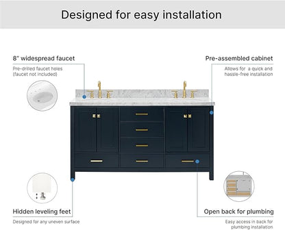 ARIEL Cambridge 66-inch Bathroom Vanity with Sink,Solid Wood, 1.5-inch Italian Carrara Marble Countertop, Double Oval Porcelain Sink, 4 Soft Closing Doors, 6 Dovetail Drawers, Midnight Blue