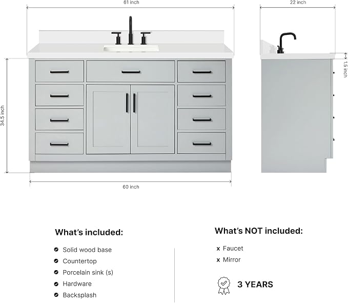 ARIEL Hepburn 60-inch Bathroom Vanity with Sink,Solid Wood, 1.5-inch Pure White Quartz Countertop & Backsplash, Single Rectangular Porcelain Sink, 2 Soft Closing Doors, 9 Dovetail Drawers, Grey