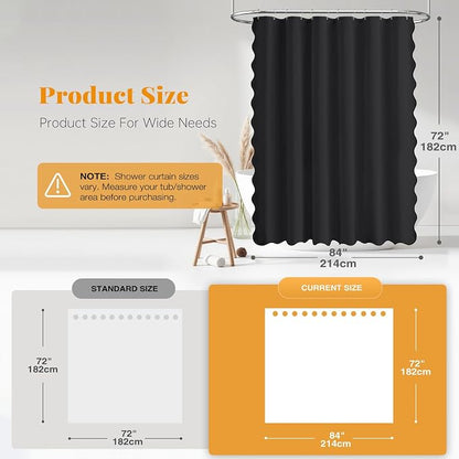 BTTN 84x72 Boho Scalloped Linen Textured Cloth Shower Curtain Set, Black | Wide Size, 230GSM Waterproof Polyester, Heavy Duty Fabric, 14 Plastic Hooks, Elegant Modern Farmhouse Style, Machine Washable