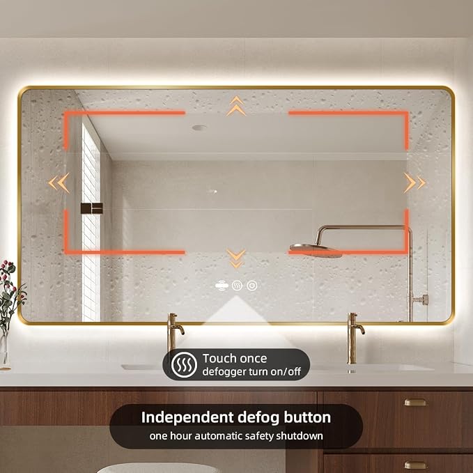42" x 36" Gold LED Bathroom Mirror with Lights - Motion Sensor | Smart Backlit Mirror Bathroom, Anti-Fog, 3-Color Stepless Dimmable, Memory Function, Metal Framed Rounded-Corner Rectangle