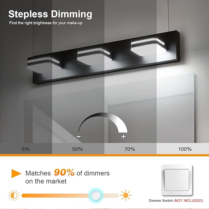 LED Modern Bathroom Vanity Light Fixtures (3-Light, 24-Inch Dimmable), Matte Black Bathroom Wall Lighting Fixtures Over Mirror with Steel Square Shade(Cool White 5500K), ETL Certificated