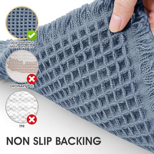 IM HOME Waffle Bath Mat Blue 4'x2', Boho Woven Modern Bath Mat Rugs, Absorbent Non Slip Bathroom Rugs, Soft Washable Bath Rugs with Tassels for Bathroom, Bedroom, Kitchen, Shower, Tub