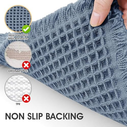 IM HOME Waffle Bath Mat Blue 4'x2', Boho Woven Modern Bath Mat Rugs, Absorbent Non Slip Bathroom Rugs, Soft Washable Bath Rugs with Tassels for Bathroom, Bedroom, Kitchen, Shower, Tub