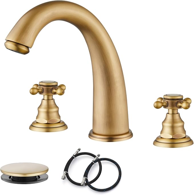 gotonovo Widespread Bathroom Sink Faucet 3 Hole Antique Brass,No Label | Vintage 8’’ Bathroom Faucet,2 Cross Handle,6-16’’ Sink,Vanity,RV,Farmhouse,SUS304,24’’ cUPC Hose,Pop Up Drain,Deck Mount