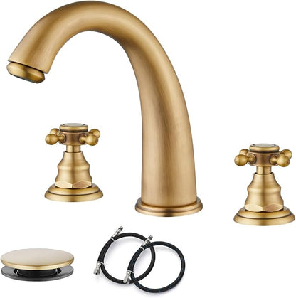 gotonovo Widespread Bathroom Sink Faucet 3 Hole Antique Brass,No Label | Vintage 8’’ Bathroom Faucet,2 Cross Handle,6-16’’ Sink,Vanity,RV,Farmhouse,SUS304,24’’ cUPC Hose,Pop Up Drain,Deck Mount