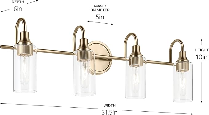 Kichler Kavi 31.5" 4-Light Vanity Light with Clear Glass in Champagne Bronze, Damp Rated, for Bathroom, Powder Room, Over a Mirror, (31.5" W x 10" H), 55212CPZ