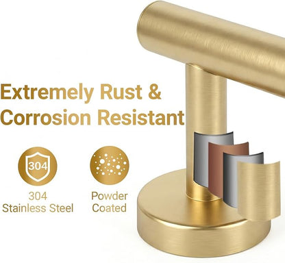 Brushed Gold 5-Piece Bathroom Hardware Set, Bathroom Accessories Set | SUS304 Stainless Steel, 24 inch Towel Bar, Towel Racks for Bathroom, Toilet Paper Holder Wall Mounted, Robe Towel Hooks