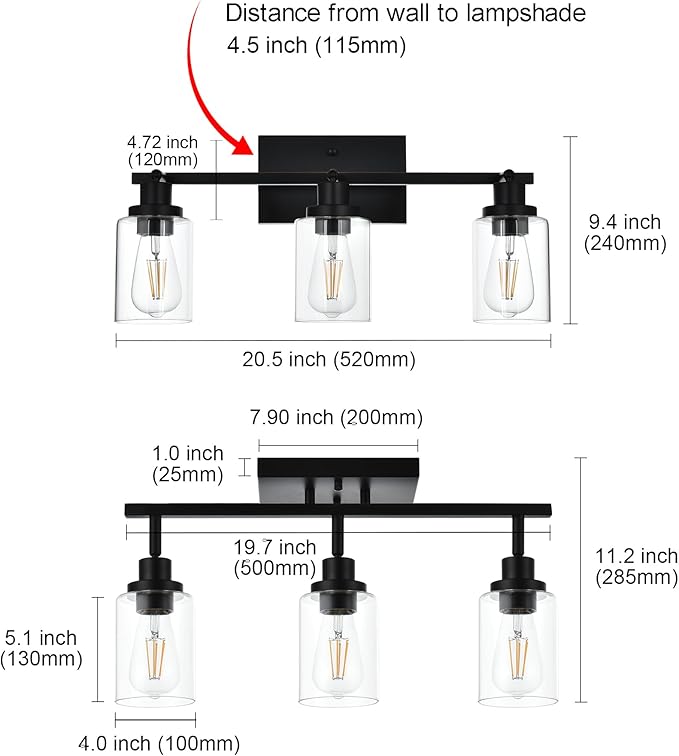 MELUCEE 3 Light Bathroom Vanity Light Black Track Lighting Fixtures Ceiling, Vanity Lighting Fixtures with Rotatable Track Head for Hallway Porch Foyer Bath Storage, Clear Glass Shade