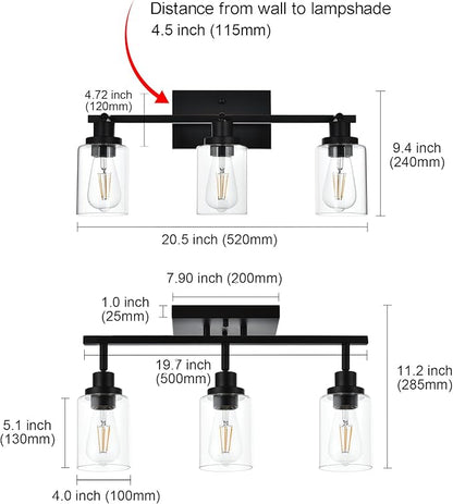 MELUCEE 3 Light Bathroom Vanity Light Black Track Lighting Fixtures Ceiling, Vanity Lighting Fixtures with Rotatable Track Head for Hallway Porch Foyer Bath Storage, Clear Glass Shade