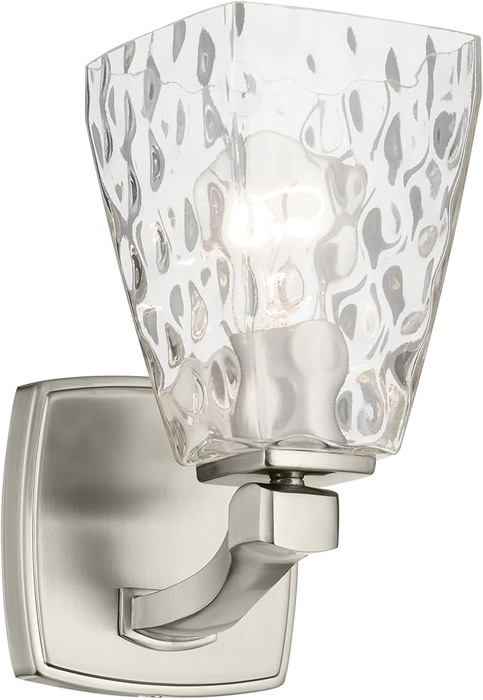 Kichler Marant 5" 1-Light Wall Sconce with Clear Water Glass in Brushed Nickel, for Bathroom, Powder Room, Hallway, (5" W x 9.5" H), 55214NIWTR