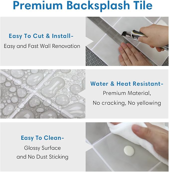 Thicker Peel and Stick 3D Backsplash Tiles Kitchen Bathroom | Gray, 10 Pcs 12" x 12", Glossy Self Adhesive Decorative Vinyl Backsplash Wall Sticker, Cover 10 sq ft，Removable，Waterproof