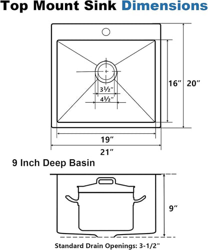 21 Inch Drop In Kitchen Sink, 21 x 20 Inch Top Mount 16 Gauge Stainless Steel Single Bowl Workstation RV Small Kitchen Outdoor Laundry Wet Prep Sink with Accessories