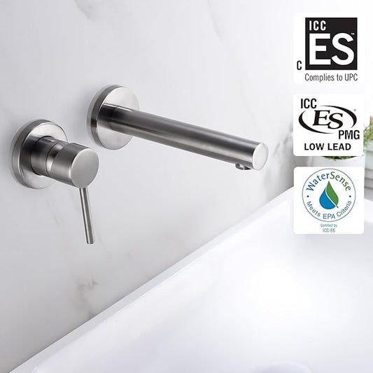 sumerain Single Handle Left-Handed Wall Mount Bathroom Faucet Brushed Nickel Lavatory Basin Faucet