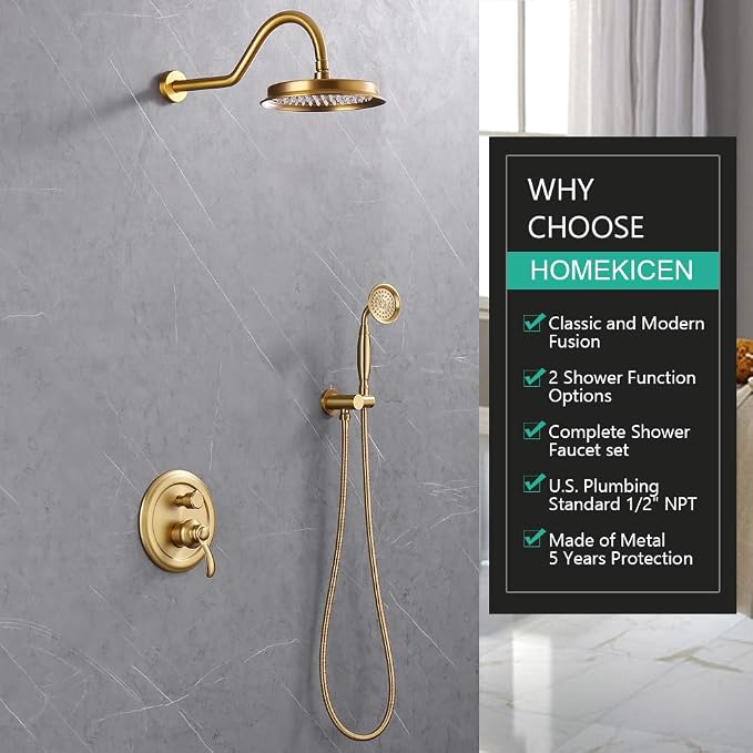 Antique Rain Shower Faucet Set with Handheld Sprayer | Brushed Titanium Gold, Multi-layer Plating, Vintage Rainfall, 2-Function Diverter Brass Valve, Wall Mount Easy Install