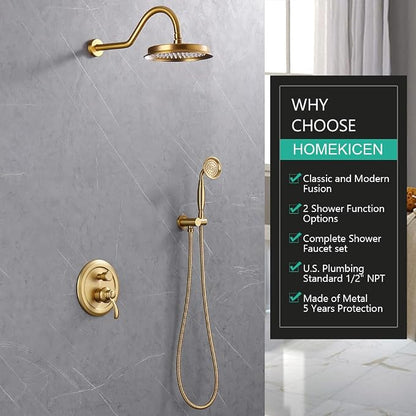 Antique Rain Shower Faucet Set with Handheld Sprayer | Brushed Titanium Gold, Multi-layer Plating, Vintage Rainfall, 2-Function Diverter Brass Valve, Wall Mount Easy Install