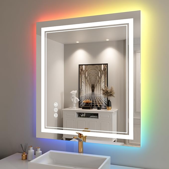 32x36 Inch RGB LED Bathroom Mirror with Lights | Front and RGB Backlit, Dimmable, Memory, Anti Fog, Shatterproof, Horizontal/Vertical, Lighted Mirrors for Bathroom Wall