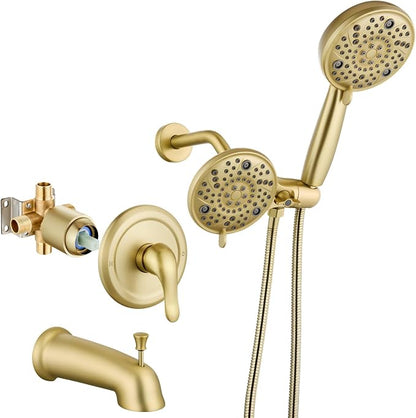 Aolemi Tub Shower Faucet Set Dual 8 Mode Head Valve Kit Brushed Gold | Valve and Trim Kit, ABS Shower Head and Handheld System, Bathroom Bath Tub Spout 6.3",SUS304,Single Handle