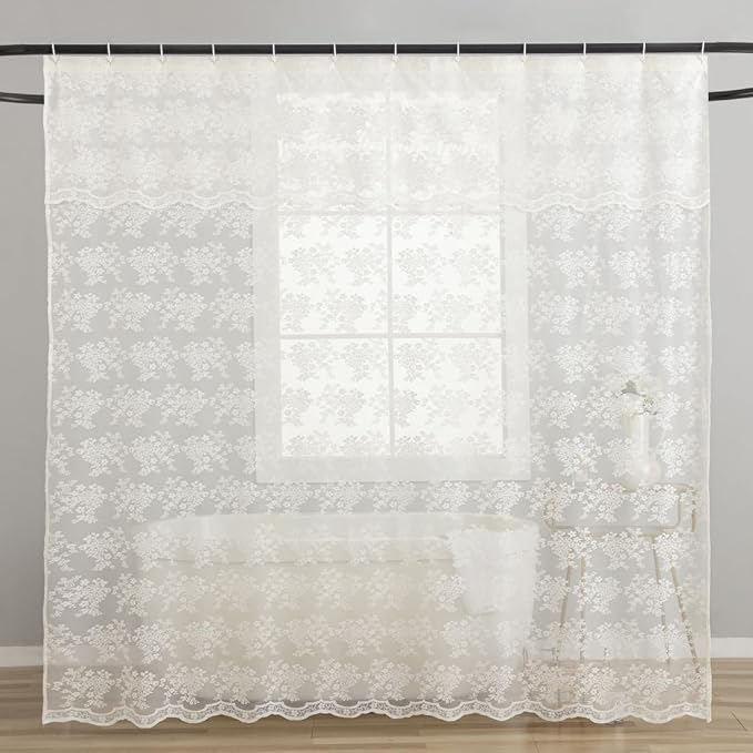 TUDECO Extra Long Ivory Lace Shower Curtain for Bathroom, 72W x 85L Inch | Vintage Floral, Semi Sheer, Antique Vibe, Scalloped Bottom, Attached Valance, Soft Light, Gentle Privacy, Mechine Washable