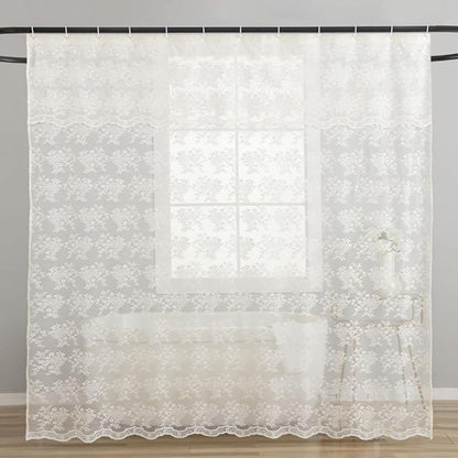 TUDECO Extra Long Ivory Lace Shower Curtain for Bathroom, 72W x 85L Inch | Vintage Floral, Semi Sheer, Antique Vibe, Scalloped Bottom, Attached Valance, Soft Light, Gentle Privacy, Mechine Washable