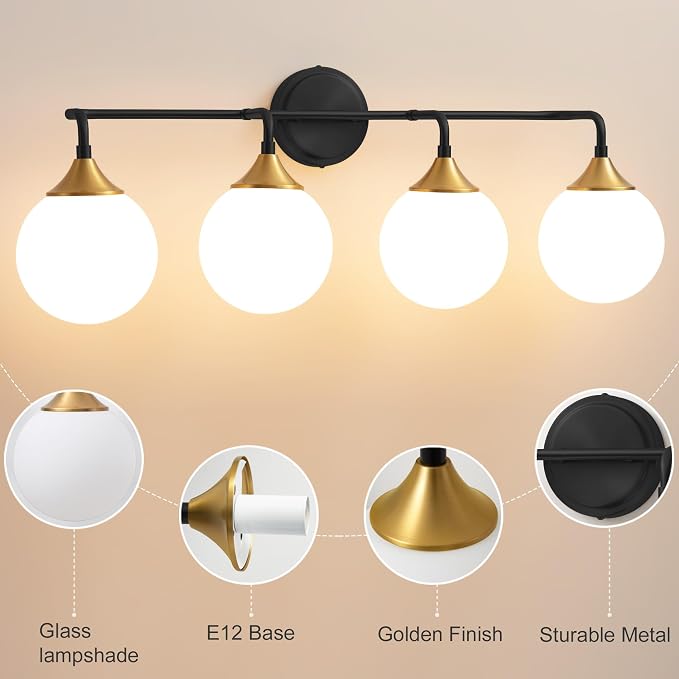 Black Gold Bathroom Light Fixtures Over Mirror Vanity 4-Light | Mid Century Modern Matte Black Gold Wall Sconce with Milky White Glass Ball Shades for for Bathroom Dressing Table Bedroom
