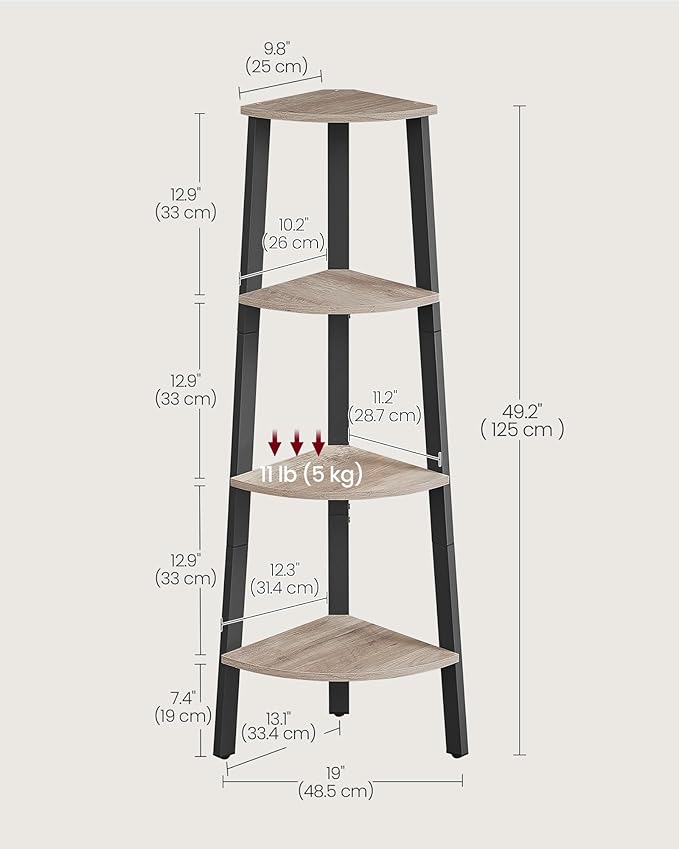 VASAGLE Corner Shelf Stand, 4-Tier Corner Bookshelf, Industrial Ladder Shelf, Plant Stand for Living Room, Office, Kitchen, Greige and Black ULLS034M01