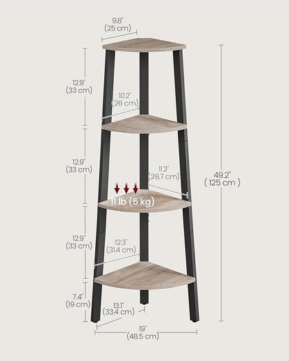 VASAGLE Corner Shelf Stand, 4-Tier Corner Bookshelf, Industrial Ladder Shelf, Plant Stand for Living Room, Office, Kitchen, Greige and Black ULLS034M01
