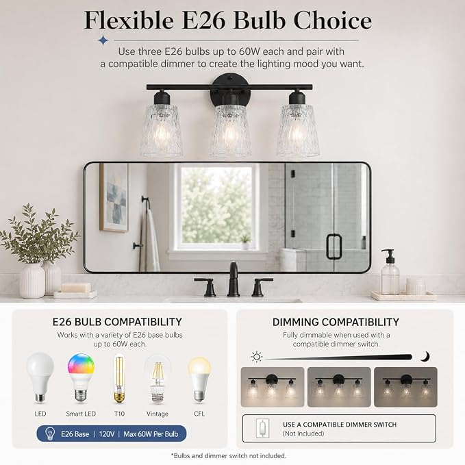 3-Light Black Bathroom Vanity Light Over Mirror, Modern Wall-Mounted Fixture with Textured Glass Shades and Stainless Steel Construction, E26 Sockets (Bulbs Not Included)