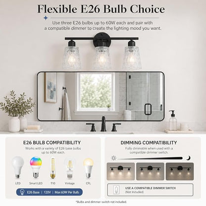 3-Light Black Bathroom Vanity Light Over Mirror, Modern Wall-Mounted Fixture with Textured Glass Shades and Stainless Steel Construction, E26 Sockets (Bulbs Not Included)