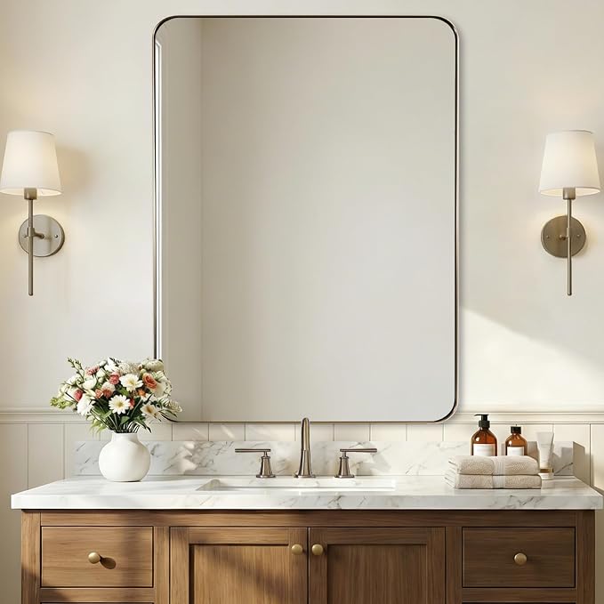 Brushed Champagne Bronze Mirrors for Bathroom Sink, 36x48 Inch Bathroom Vanity Mirror with Rectangular Metal Frame-Modern Clean Design with Superior Stainless Steel Frame