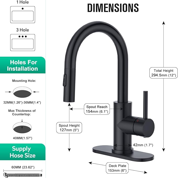 CREA Bathroom Faucet with Pull Out Sprayer,Black Bar Sink Faucets for Small Kitchen Mini Pre Wet Bar Vanity,Single Handle Pull Down 2 Modes,cUPC/NSF