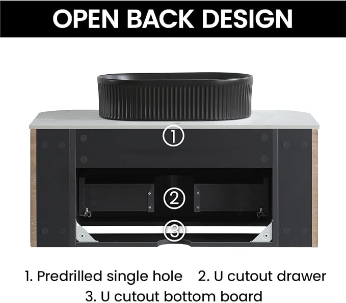 36" Preassembled Floating Bathroom Vanity with Black Sink, Oak | Mid-Century Modern Style, Fluted & Soft-Close Drawer with U-shaped Wall, Sinterted Stone Countertop, Towel Rack Included