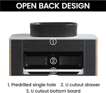 36" Preassembled Floating Bathroom Vanity with Black Sink, Oak | Mid-Century Modern Style, Fluted & Soft-Close Drawer with U-shaped Wall, Sinterted Stone Countertop, Towel Rack Included