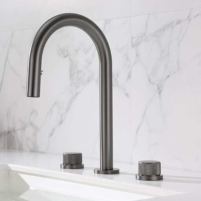 3 Hole Basin Mixer Faucet Pull Brass 3 Hole Bathroom Faucets Dual Mode 2 Handles-Grey