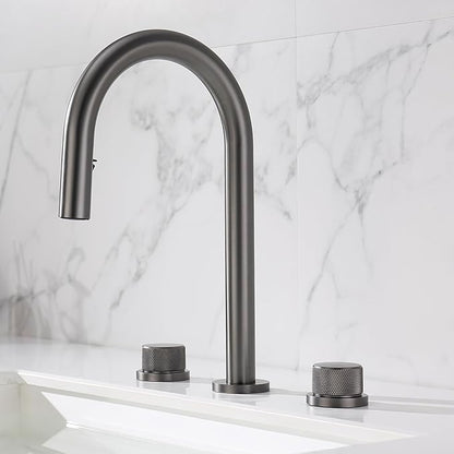 3 Hole Basin Mixer Faucet Pull Brass 3 Hole Bathroom Faucets Dual Mode 2 Handles-Grey