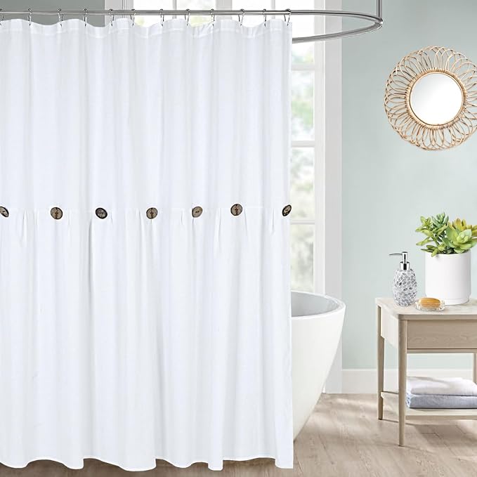 DOSLY IDÉES Farmhouse Shower Curtain, White Cloth Button Curtain, Cotton Blend Fabric, Rustic Country Shabby Chic Style, 72x72 in, Bathroom