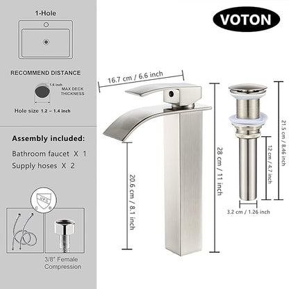 VOTON Vessel Sink Faucet Brushed Nickel Modern Tall Waterfall Bathroom Sink Faucet with Pop-Up Drain Single Handle Bathroom Faucet 1 Hole Bowl Lavatory Vanity Faucet, Rv Sink Camper Farmhouse Faucet