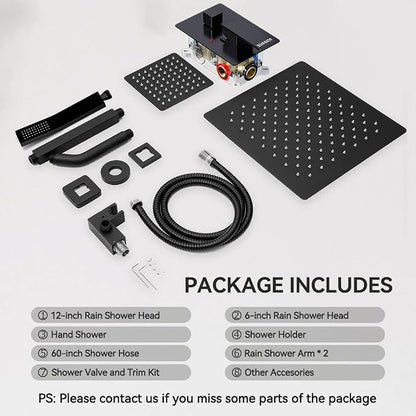 Shower System Shower Faucet Set, STARBATH 12"+6" Ceiling Mount Rain Shower Head and Handheld Spray for Two Person, Rainfall Shower System with Diverter Valve and Trim Kit Complete，Matte Black