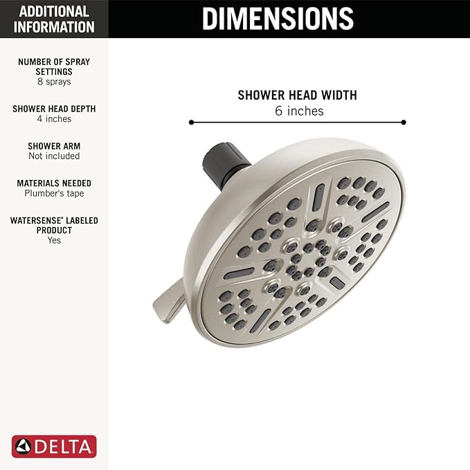 Delta Faucet 8-Spray Touch-Clean Shower Head Brushed Nickel, Delta Shower Heads, Showerhead, Brushed Nickel Shower Head, 1.75 GPM Water Flow, Stainless 75898CSN