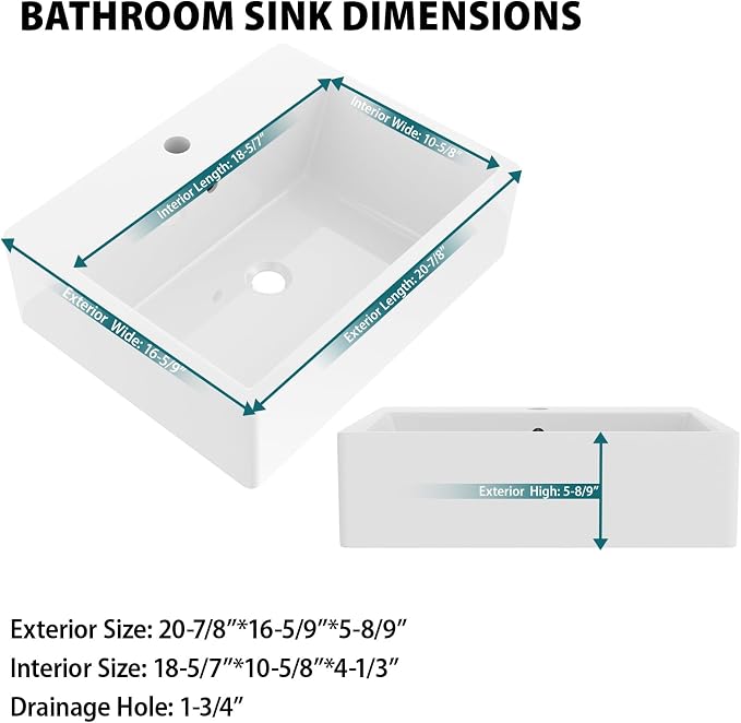21"x16" White Ceramic Wall Mount Floating Bathroom Vessel Sink | Wall Mount Bathroom Sink Rectangle Vanity Vessel Bathroom Sink